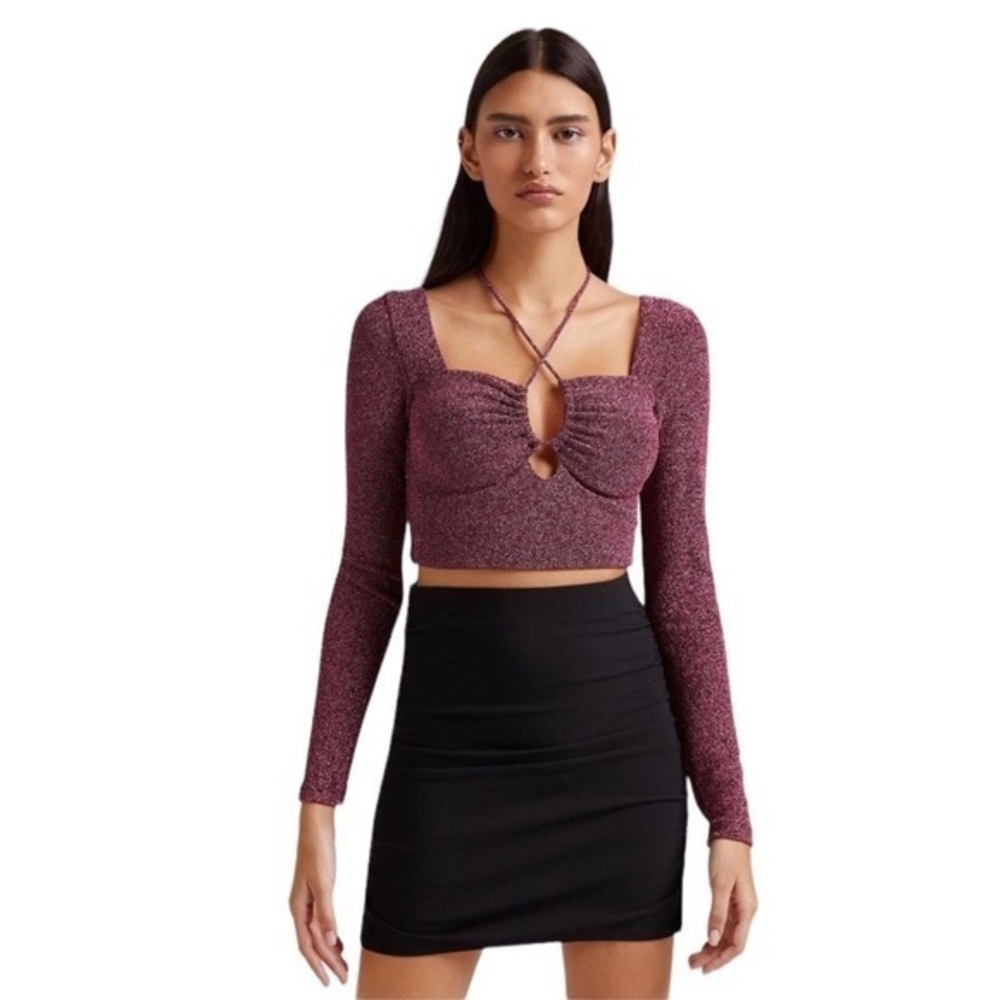 Bershka Halter Neck Tie Long Sleeve Cropped Sparkly Top in Purple
